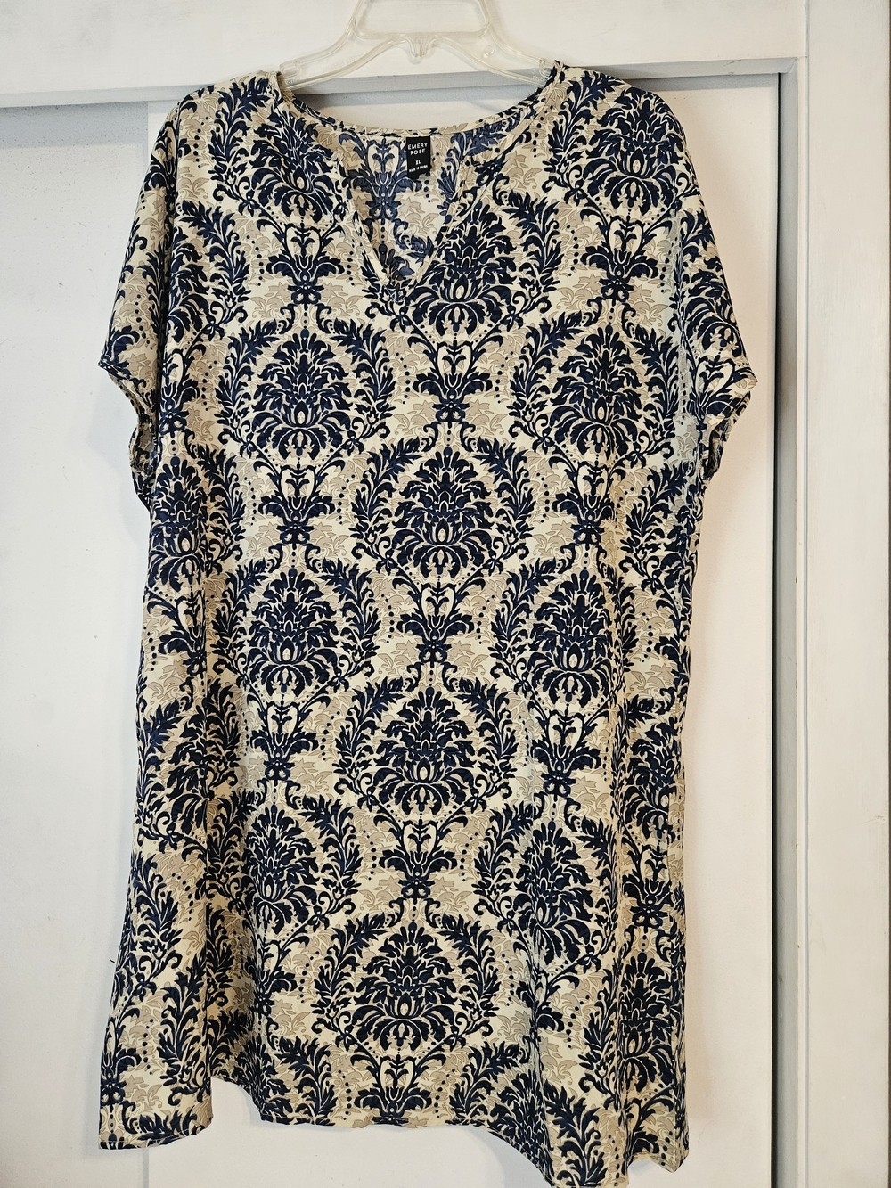 Blue and Cream Midi Dress with Damask Print - Picture 2 of 6